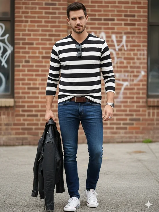 Men's Black & White Horizontal Stripe Long Sleeve Shirt - Picture 2 of 6